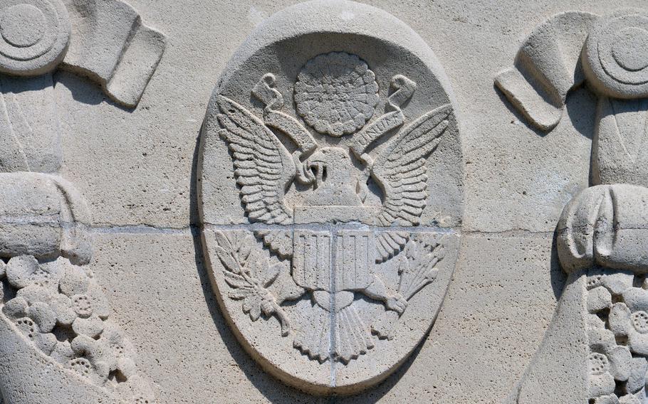 A closeup of the Great Seal of the United States that adorns the entrance to the Montsec American Monument.