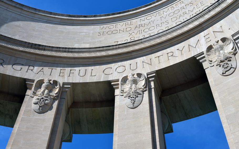 The Montsec American Monument, commemorating those who fought and died in the World War I battle of the St. Mihiel Salient, is a classical circular colonnade. The inscription ringing the inside of the monument reads: THEIR DEVOTION, THEIR VALOR AND THEIR SACRIFICE WILL LIVE FOREVER IN THE HEARTS OF THEIR GRATEFUL COUNTRYMEN. ERECTED MCMXXX.