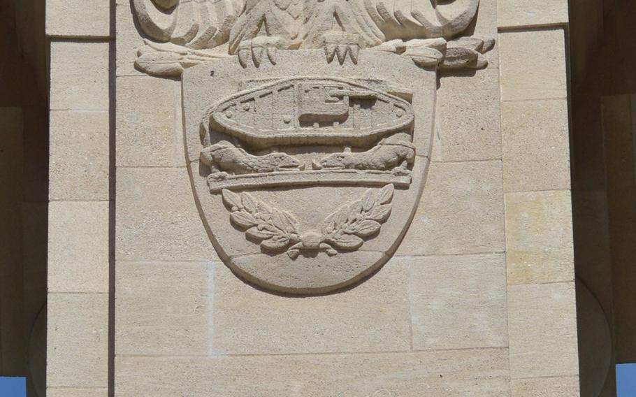 On the inside the columns of the Montsec American Monument are decorated with emblems of the Army's service branches. This one honoring armor, is adorned with an early tank.