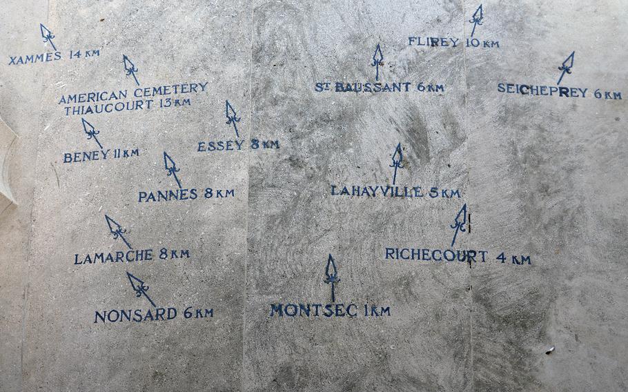Arrows on the steps of the Montsec American Monument point towards places in the St. Mihiel Salient battlefield, including what would be the St. Mihiel American Cemetery at Thiaucourt, France.