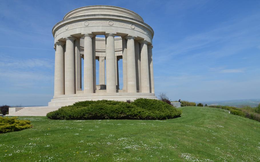 The sun shines on the gleaming stones of the Montsec American Monument topping Butte Montsec in eastern France. Erected in 1930, it commemorates those who fought and died in the World War I battle of the St. Mihiel Salient in 1918.