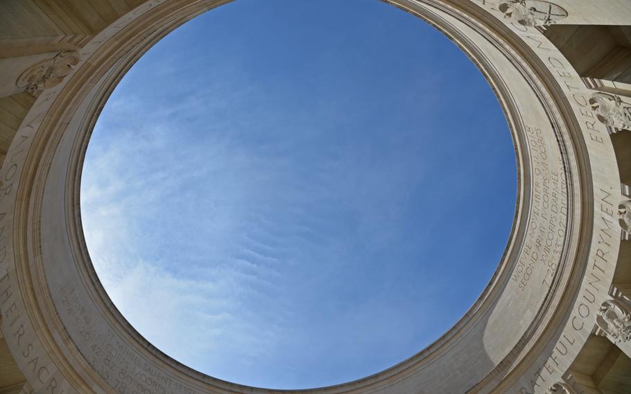 Looking up to a blue French sky, through the circular colonnade of Montsec American Monument above Montsec, France.
