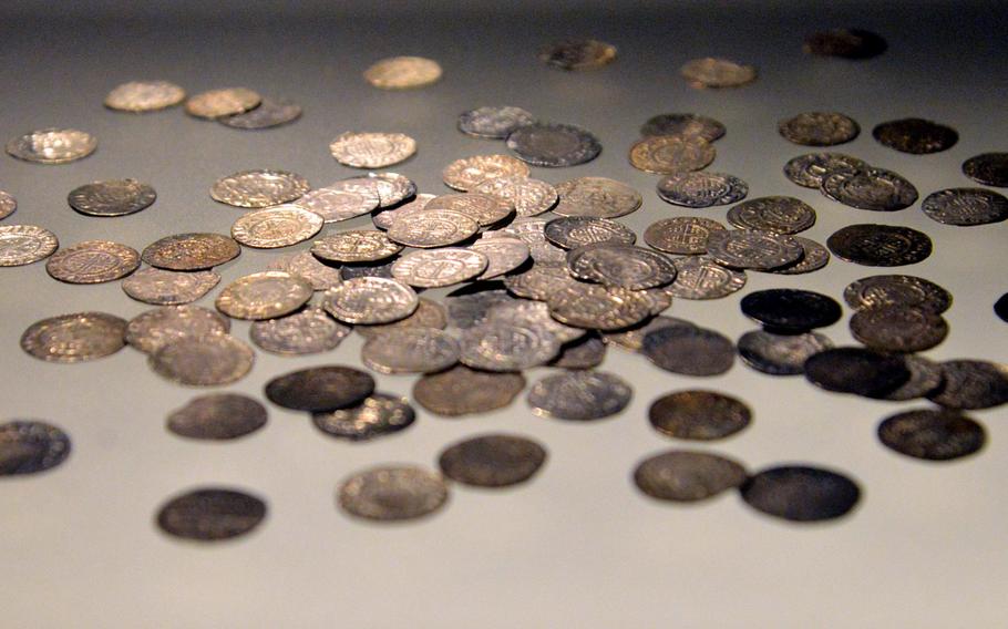 English sterling coins found in Germany. Although some English coins came to Germany through trade, most of that found is though to come from the ransom paid to release King Richard I from captivity. These coins are on display at the Historical Museum of the Palatinate in Speyer, Germany.