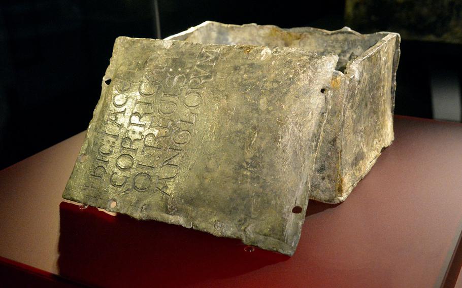 A lead box where the heart of Richard I was placed and buried in the crypt of the Rouen cathedral. Translated, the inscription reads ''Here lies the heart of Richard, King of England.'' It is one of more than 150 objects on display at an exhibit at the Historical Museum of the Palatinate in Speyer, Germany.
