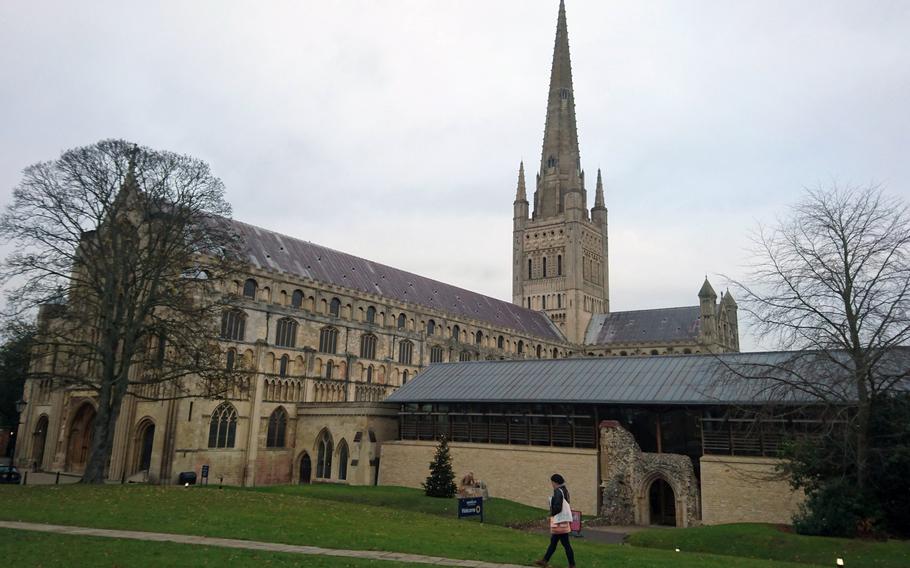 Front entrance to the Norwich Cathedral in Norwich, England, Tuesday, December 5, 2017.  Construction for the cathedral began in 1096 with flint, mortar and a cream colored Caen limestone.