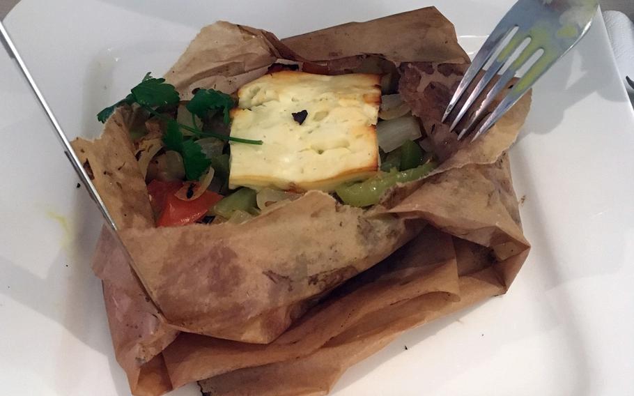 Drei Mohren offers a special lunch menu with different items each day. Feta and grilled veggies wrapped in parchment paper was one recent offering.