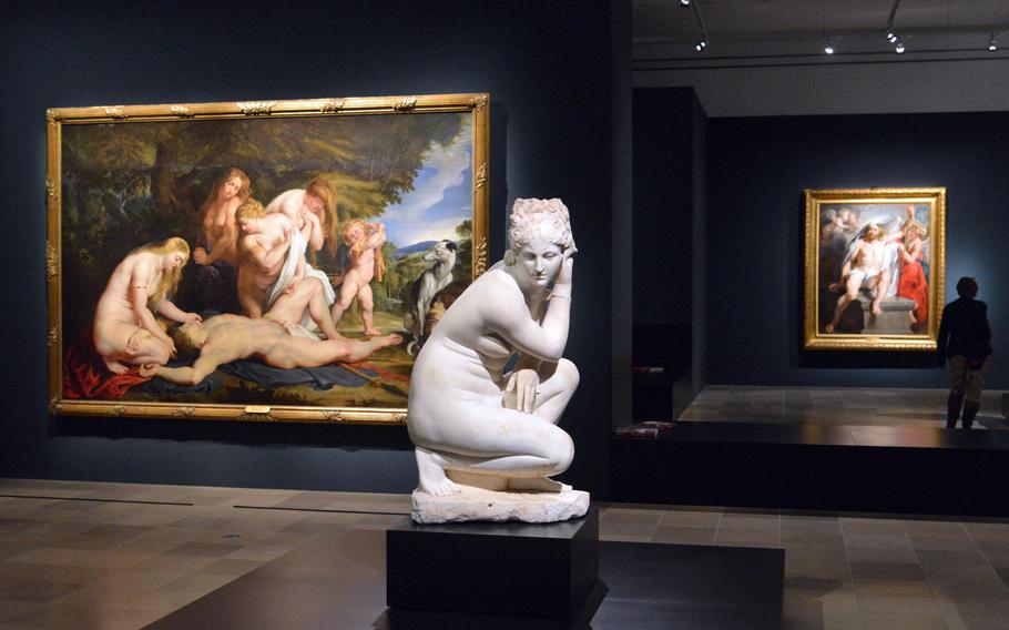 ''Venus mourning Adonis,'' at left, and ''The Resurrected and Triumphant Christ,'' in the background at right, by Peter Paul Rubens are on display in ''Rubens: The Power of Transformation'' at the Staedel Museum in Frankfurt, Germany. At center is a Roman statue of Venus. The exhibit traces the artist's inspirations from the antiquity for some of his works.