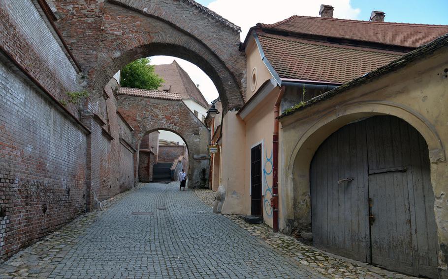 The 13th-century Pasajul Scarilor, or Passage of Steps, with its arches and stairs connects Sibiu, Romania's upper and lower towns.