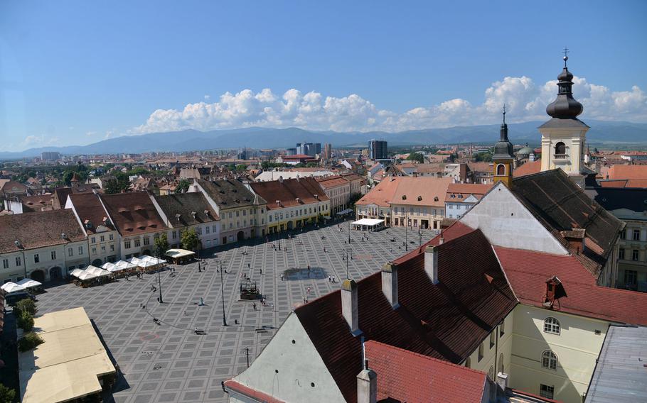 A view of the Piata Mare or Great Square in Sibiu, Romania, as seen from the 13th-century Turnul Sfatului, or Council Tower.