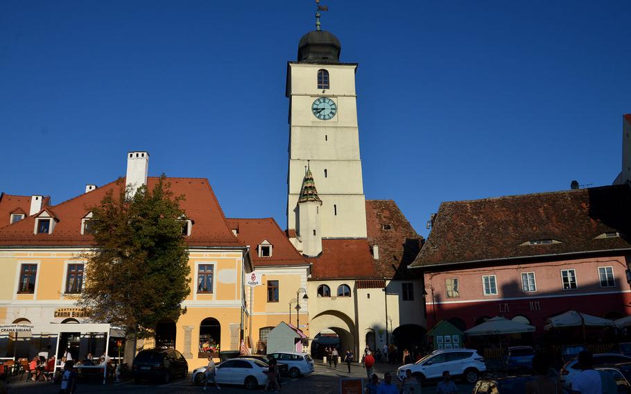 The 13th-century Turnul Sfatului, or Council Tower in Sibiu Romania. It was once part of the inner fortifications of the city. Today you can climb its steps to the top floor for a beautiful view of the city and the surrounding countryside.