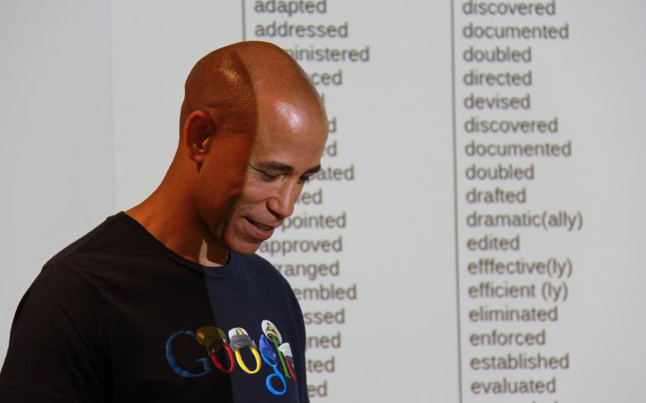 Harry Wingo, a former Navy SEAL who now manages veterans programs out of Google's Washington, D.C. offices, stands in front of a list of action words suggested for use on resumes during a career development workshop for veterans on June 18, 2013. Twenty veterans participated in the Washington, D.C. event as part of Google's "Help a Hero Get Hired," a career development workshop for military veterans looking to transition their skills and experience into the civilian workplace. 
