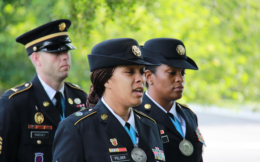 Sgt. 1st Class Nicola Felder recites on Audie Murphy's biography on June 20, 2013 during the annual wreath laying ceremony celebrated on his birth date. 