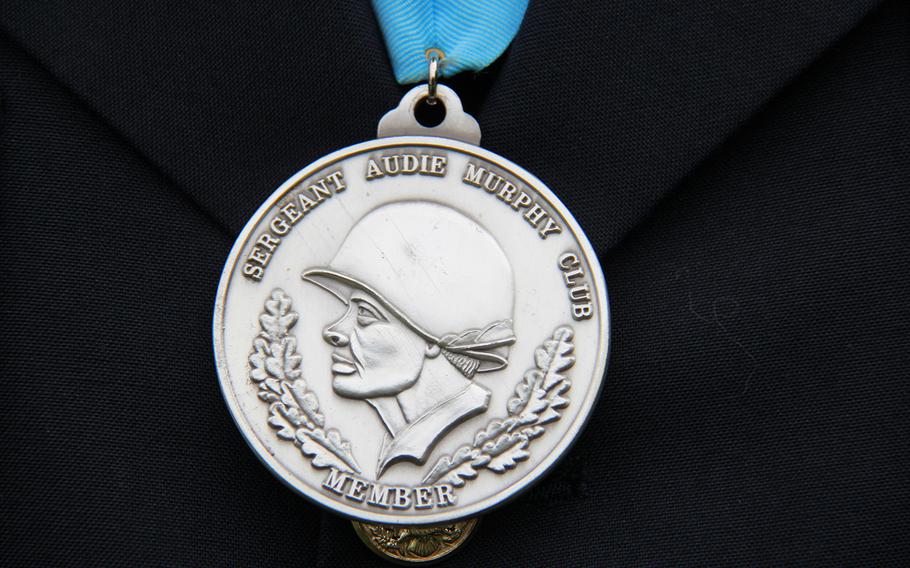 This a Sergeant Audie Murphy Club medallion worn by members selected to be a part of the Sergeant Audie Murphy Club. This particular medallion is worn by MSG William E. Haddon, president of the Military District of Washington Sergeant Audie Murphy Club.
