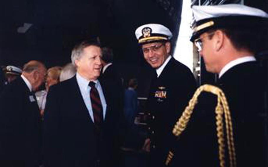 George Steinbrenner (businessman, Major League Baseball team owner) : The longtime owner of the New York Yankees, left, was a second lieutenant during the Korean War, stationed at Lockbourne Air Force Base in Ohio. Here, he greets Navy officers visiting his Florida shipyard during the commissioning of the USNS Richard G. Matthiesen in 1988. Steinbrenner passed away July 13, 2010.