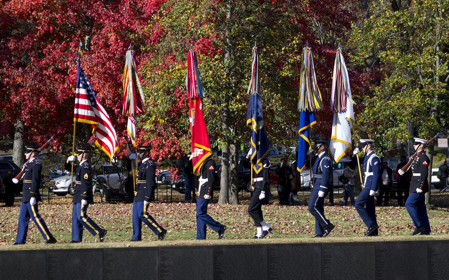 Joint Forces Color Guard from the Military District of Washington at the Annual Veterans Day Observance at the Wall, November 11, 2013 in Washington, D.C.