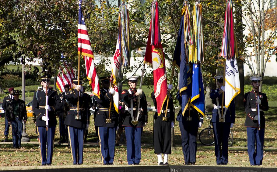 Joint Forces Color Guard from the Military District of Washington at the Annual Veterans Day Observance at the Wall, November 11, 2013 in Washington, D.C.