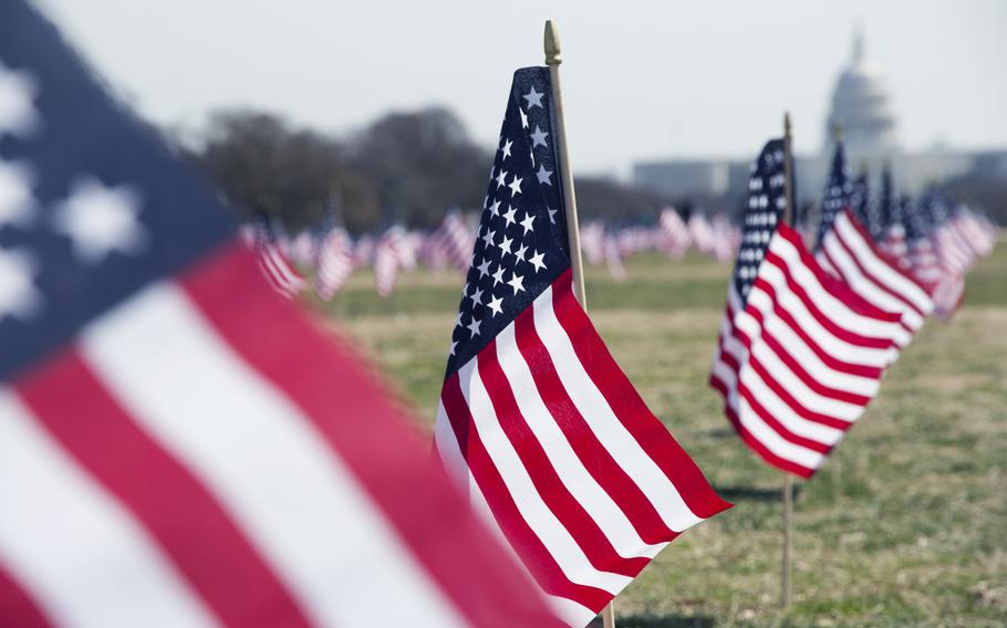 Members of the Iraq and Afghanistan Veterans of America (IAVA) planted 1,892 flags on the National Mall in Washington, D.C., on March. 27, 2014. The flags represented the number of veterans and servicemembers estimated to have committed suicide so far in 2014. The VA estimates that 22 veterans from current and previous wars die by their own hand each day.