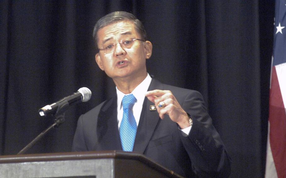 Veterans Affairs Secretary Eric Shinseki speaks at a veterans homelessness conference in Washington, D.C. on Friday, May 30, 2013. Roughly two hours later, his resignation was announced at the White House.