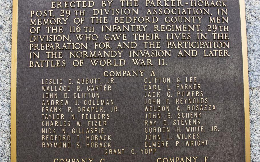A plaque honorinmg Bedford, Va. servicemembers who died in Normandy during the D-Day invasion, outside the Bedford County Courthouse.