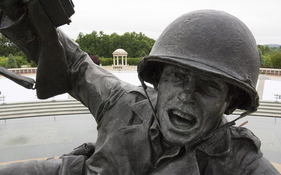 A detailed look at the top figure in "Scaling the Wall" at the National D-Day Memorial in Bedford, Va.