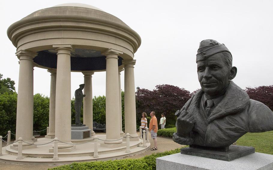 A bust of Deputy Supreme Commander Arthur William Tedder in the Reynolds Garden, near the statue of Gen. Dwight D. Eisenhower at the National D-Day Memorial in Bedford, Va.