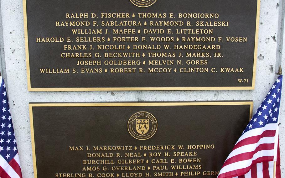 Two of the plaques listing the names of American servicemembers who died in Normandy on June 6, 1944 at the National D-Day Memorial in Bedford, Va.