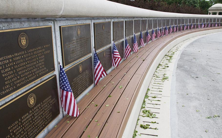 Plaques listing the names of American servicemembers who died in Normandy on June 6, 1944 at the National D-Day Memorial in Bedford, Va.