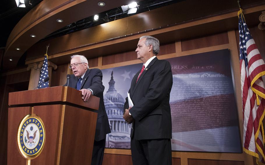 Sen. Bernie Sanders, I-Vt., left, and Rep. Jeff Miller, R-Fla,, talk about the VA reform bill Monday at the Capitol.