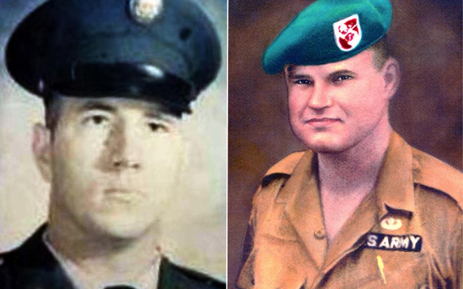 Army Spc. 4 Donald P. Sloat and Army Command Sgt. Maj. Bennie G. Adkins.