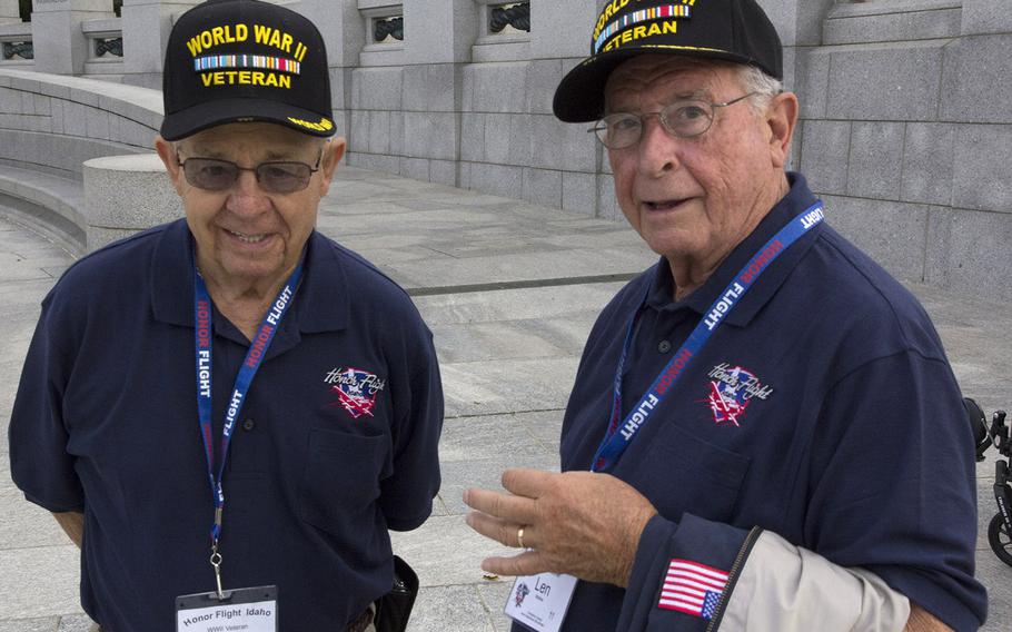World War II veterans George Neumayer, left, and Len Mallea at the National World War II Memorial in Washington, D.C., September 3, 2014.