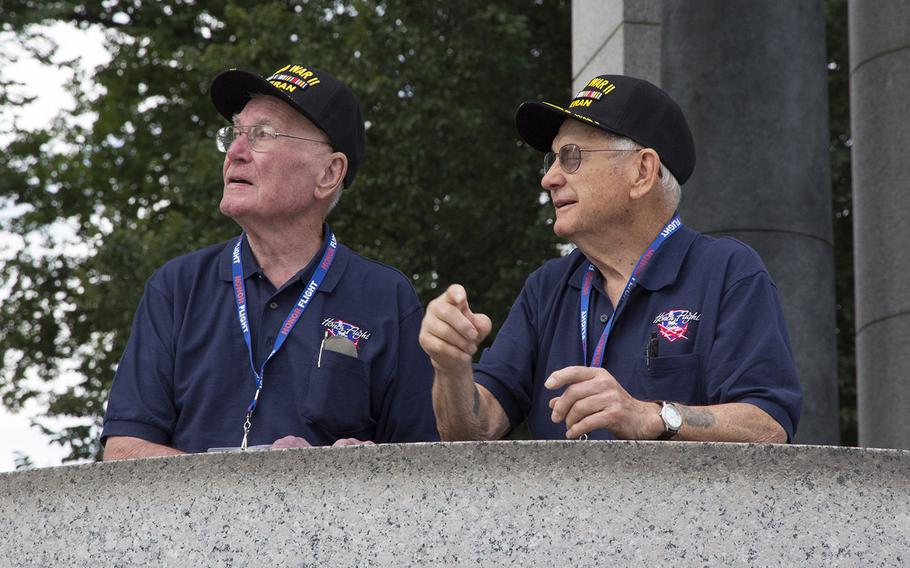 World War II veterans get their first look at the National World War II Memorial in Washington, D.C., thanks to Honor Flight of Idaho on September 3, 2014.