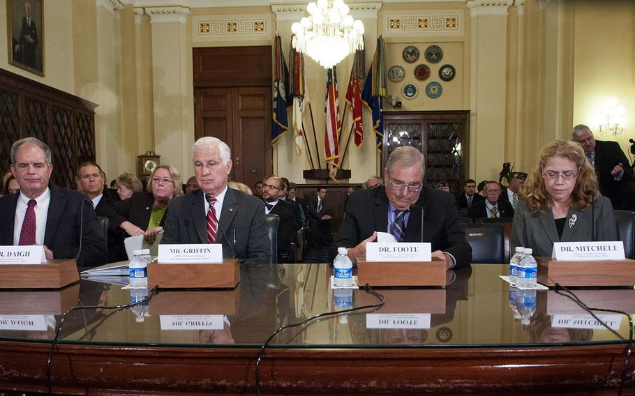 Testifying at a Sept. 17, 2014 House Committee on Veterans Affairs hearing on the Phoenix VA report were, left to right, Dr. John D. Daigh Jr., VA's assistant inspector general for healthcare inspections; Richard J. Griffin, acting inspector general for the Department of Veterans Affairs; Dr. Samuel Foote, retired medical director of Phoenix VA Health Care System's Diamond Community-Based Outpatient Center; and Dr. Katherine L. Mitchell, medical director at the Phoenix VA Health Care System's Iraq and Afghanistan Post-Deployment Center.