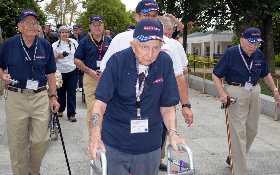 Bill Thatcher, a U.S. Army WWII veteran, gets ready to enter the World War II Memorial on Oct. 1, 2014.