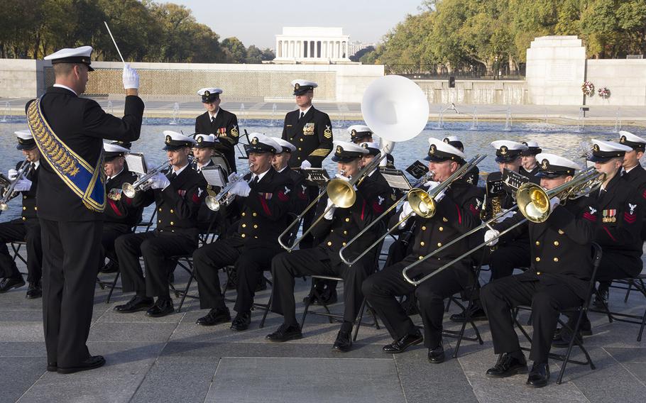 The U.S. Navy Band plays on Veterans Day 2014 at the National World War II Memorial in Washington, D.C.