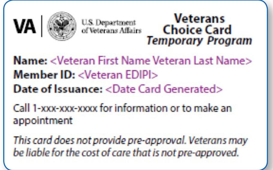 A sample Veterans Choice Card issued by the Department of Veterans Affairs.