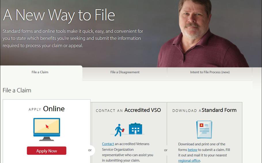 VA officials have said the new process will reduce confusion and make it easier to file claims. Screenshot from the <a href="http://explore.va.gov/file-claim" target=_blank>Veterans Affairs File A Claim webpage</a>.