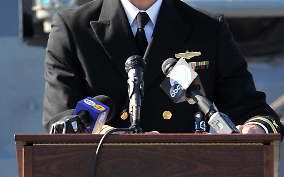 In this photo from March 8, 2015, Los Angeles Mayor Eric Garcetti talks about serving in the Navy Reserve during a ceremony aboard the USS Iowa Museum in San Pedro, Calif.