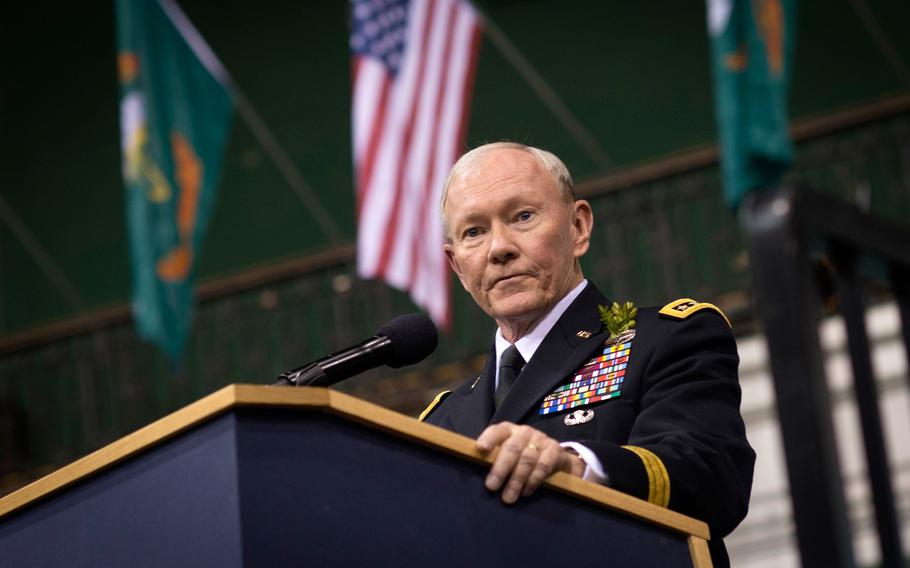 In this photo from March 17, 2015, Joint Chiefs Chairman Gen. Martin E. Dempsey joins New York National Guard's 'Fighting 69th' Infantry Regiment on St. Patrick's Day at their armory in New York City.