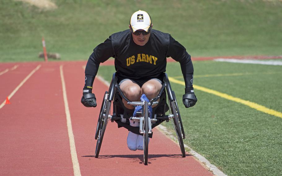 Mike McPhall practices on the track on June 18, 2015, the day before the Wounded Warrior Games kick off at Quantico. 