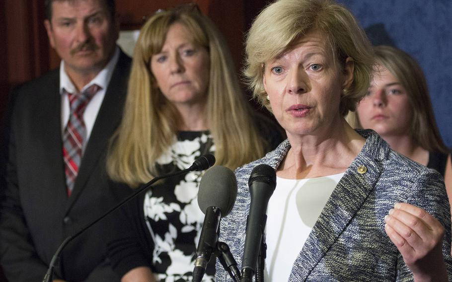 Sen. Tammy Baldwin, D-Wis., speaks about the Jason Simcakoski Memorial Opioid Safety Act at a news conference in Washington, D.C., June 24, 2015. Behind her at left are Marv and Linda Simcakoski, parents of Marine Cpl. Jason Simcakoski, who suffered a fatal overdose while an inpatient at the Tomah Veterans Affairs Medical Center in August 2014.