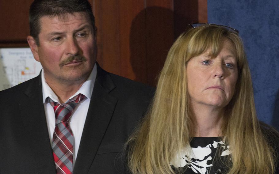 Jason Simcakoski's father, Marv and mother, Linda listen during at a press conference about the Jason Simcakoski Memorial Opioid Safety Act at the U.S. Capitol, June 24, 2015.