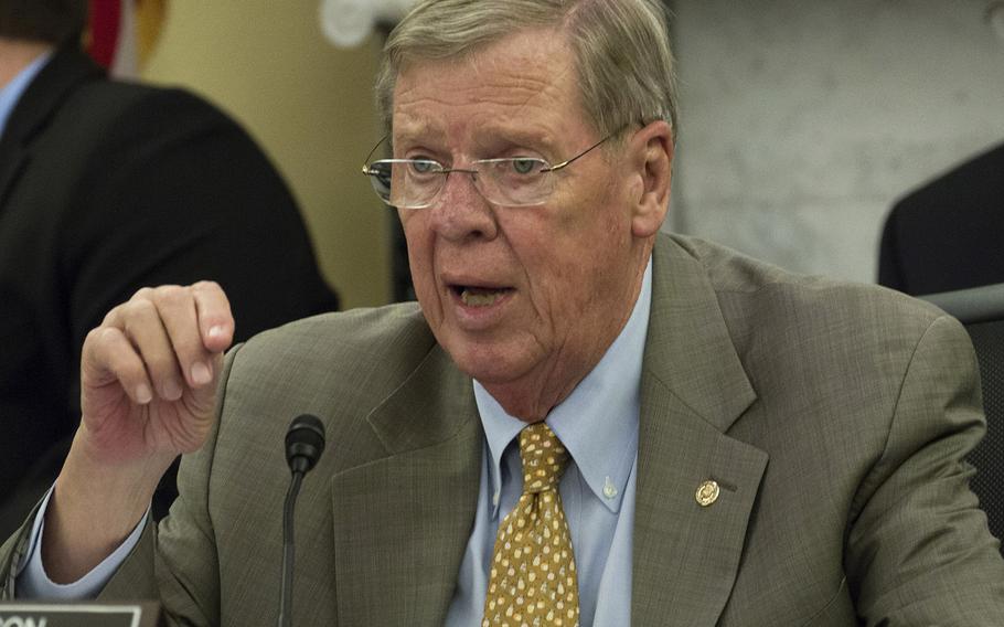 Sen. Johnny Isakson, R-Ga., chairman of the Senate Veterans Affairs Committee, discusses the Jason Simcakoski Memorial Opioid Safety Act during a hearing at the U.S. Capitol, June 24, 2015.