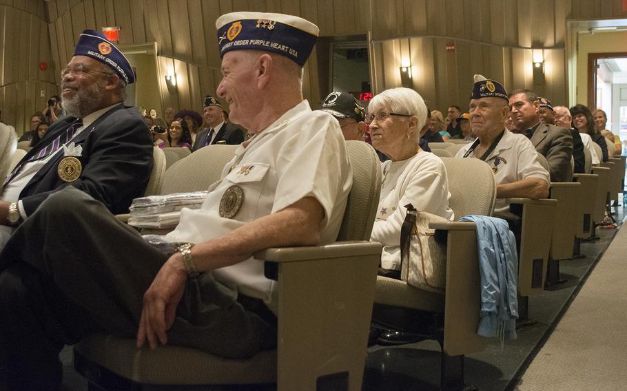 Purple Heart recipients gather at the auditorium at Mount Vernon on Aug. 7, 2015, for Purple Heart Day. 