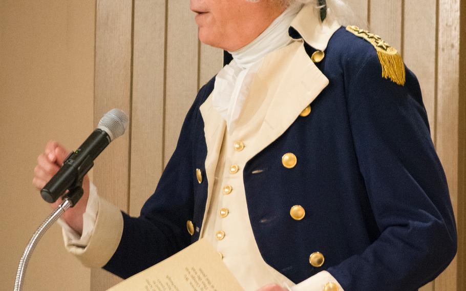 Re-enactor Dean Malissa portrays Gen. George Washington during Purple Heart Day on Aug. 7, 2015, at Mount Vernon. Malissa - as Washington - went over the reasoning behind establishing the Badge of Military Merit, which would eventually become the Purple Heart.