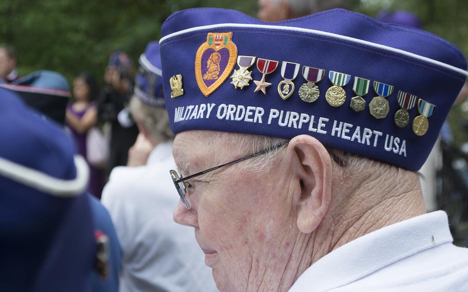 A Purple Heart recipient waits for the start of the wreath laying ceremony at Mount Vernon on Aug. 7, 2015.