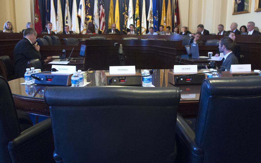 With the witness chairs empty before him, Chairman of the House Committee on Veterans Affairs, Jeff Miller, R-fla., requests committee members to issue subpoenas to five VA employees who failed to be present at a hearing on Capitol Hill in Washington, D.C., on Wednesday, Oct. 21, 2015. 