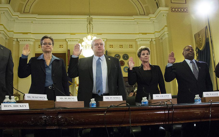 Witnesses are sworn in at the start of a House Veterans Affairs Committee hearing on alleged misuse of the VA relocation program, Nov. 2, 2015, on Capitol Hill. Left to right are Robert McKenrick of VA's Los Angeles regional office; Diana Rubens of the Philadelphia and Wilmington regional offices; Danny Pummill principal deputy under secretary for benefits of the Veterans Benefits Administration; Kimberly Graves of the VA's St. Paul regional office; Antione Waller of the VA's Baltimore regional office, and VA Deputy Inspector General Linda Halliday.