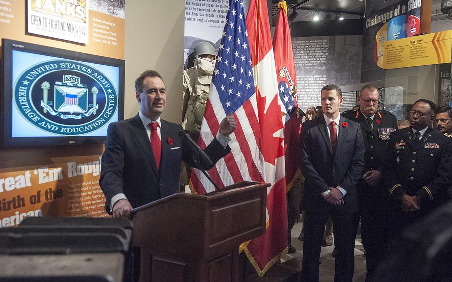 Canadian Consul General John Prato speaks at a Veterans Day commemoration Tuesday, Nov. 10, 2015, at the Army Heritage and Education Center in Carlisle, Pa., where Prato read the iconic World War I poem, "In Flanders Field."
