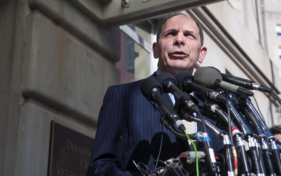 Veterans Affairs Secretary Bob McDonald answers questions in Washington, D.C., on Feb. 24, 2015, after he came under fire for telling a homeless veteran that he served in Special Forces. A U.S. senator on Tuesday, May 24, 2016, called for McDonald's resignation after the VA chief likened wait times at VA health care sites to waiting in line at an amusement park.