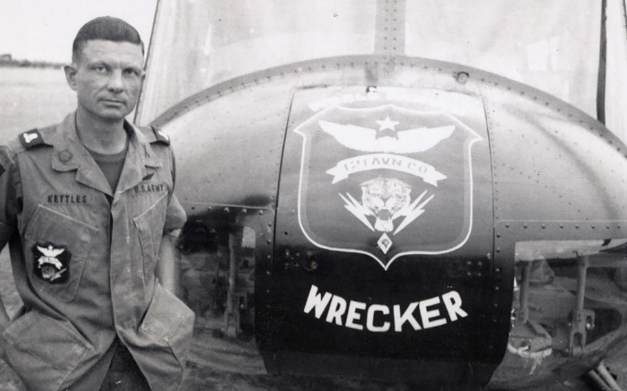 U.S. Army Maj. Charles Kettles, posing in front of a 121st Aviation Company UH-1H, during his second Vietnam tour of duty, 1969.